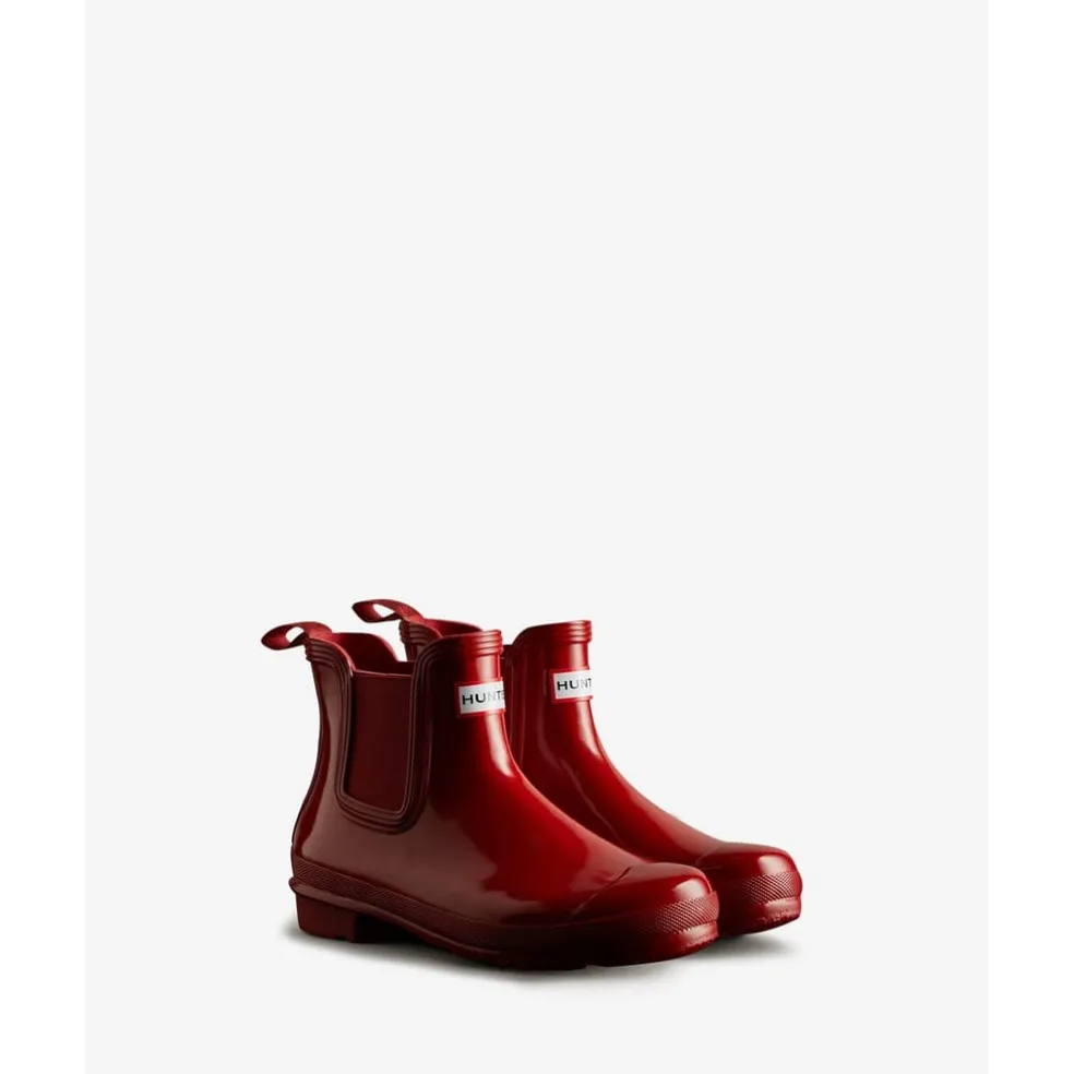 Hunter Chelsea Gloss Block Heel Boots in Red