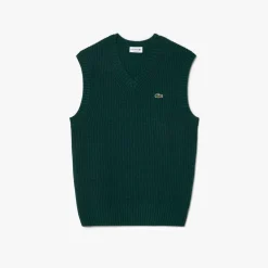 Lacoste Carded Wool V-Neck Sweater Vest in Green