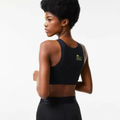 Lacoste Cropped Sleeveless Crew Neck Athletic Bra in Black