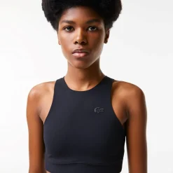 Lacoste Cropped Sleeveless Crew Neck Athletic Bra in Black
