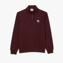 Lacoste High Neck Zip-Up Print Sweatshirt in red maroon