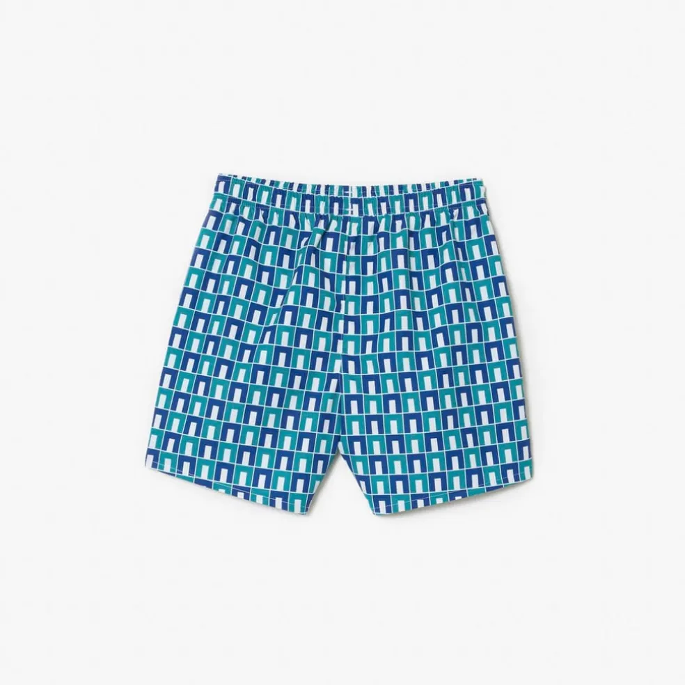 Lacoste Juniors Taffeta Monogram Print Swim Trunks in Multi colour
