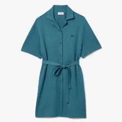 Lacoste Linen and Cotton Belted Shirt Dress in Green
