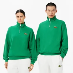 Lacoste Loose Fit Zip Neck Badge Accent Sweatshirt in Green