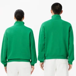 Lacoste Loose Fit Zip Neck Badge Accent Sweatshirt in Green