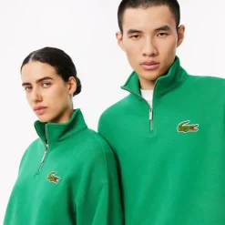 Lacoste Loose Fit Zip Neck Badge Accent Sweatshirt in Green