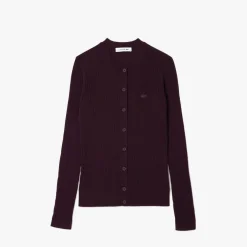 Lacoste Merino Wool 3D Knit Cardigan in red maroon