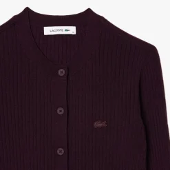 Lacoste Merino Wool 3D Knit Cardigan in red maroon