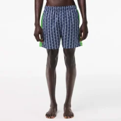 Lacoste Mid Length Monogram Print Swim Trunks in Multi colour