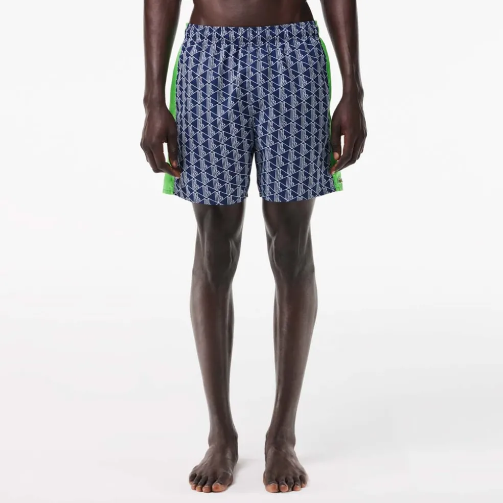 Lacoste Mid Length Monogram Print Swim Trunks in Multi colour