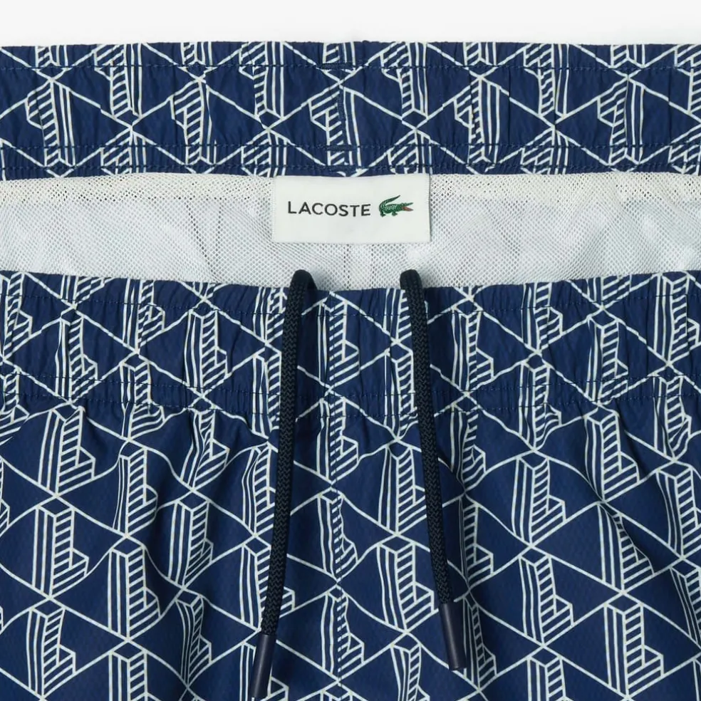 Lacoste Mid Length Monogram Print Swim Trunks in Multi colour