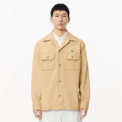 Lacoste Oversized Cotton Twill Plaid Overshirt in Beige