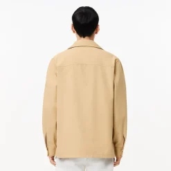 Lacoste Oversized Cotton Twill Plaid Overshirt in Beige