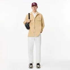Lacoste Oversized Cotton Twill Plaid Overshirt in Beige