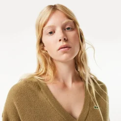 Lacoste Relaxed Fit Carded Wool Moss Stitch Sweater in Brown