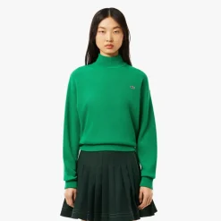 Lacoste Relaxed Fit Carded Wool High Neck Sweater in Green