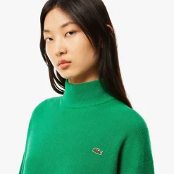 Lacoste Relaxed Fit Carded Wool High Neck Sweater in Green