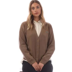 Lacoste Relaxed Fit V-Neck Wool Cardigan in Brown