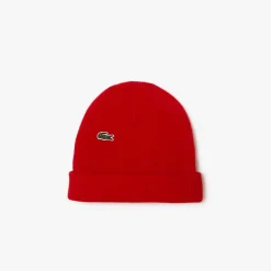 Lacoste Ribbed Wool Beanie in Red
