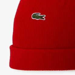 Lacoste Ribbed Wool Beanie in Red