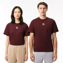 Lacoste Signature Print Cotton T-Shirt in red maroon
