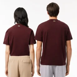 Lacoste Signature Print Cotton T-Shirt in red maroon