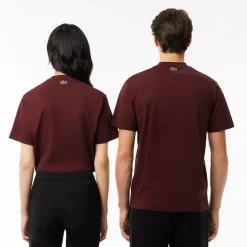 Lacoste Signiature Print Cotton T-Shirt in red maroon
