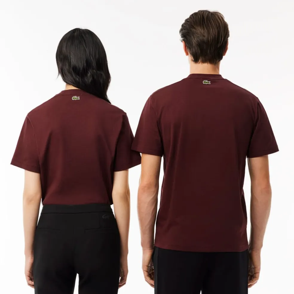 Lacoste Signiature Print Cotton T-Shirt in red maroon