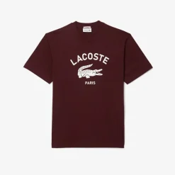 Lacoste Signiature Print Cotton T-Shirt in red maroon