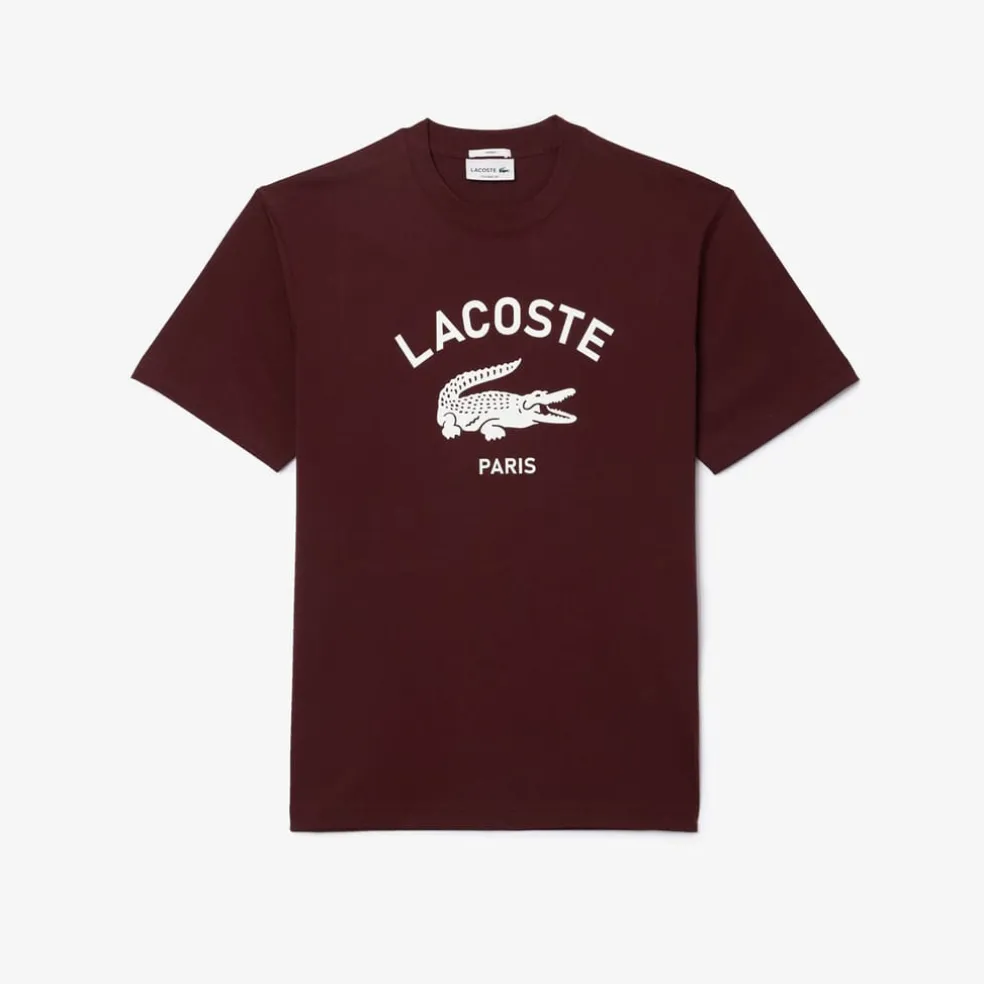 Lacoste Signiature Print Cotton T-Shirt in red maroon