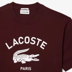 Lacoste Signiature Print Cotton T-Shirt in red maroon