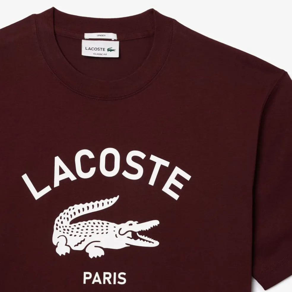 Lacoste Signiature Print Cotton T-Shirt in red maroon