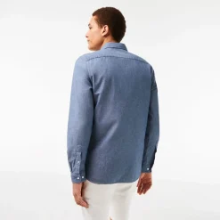 Lacoste Slim Fit Concealed Placket Poplin Shirt in Blue