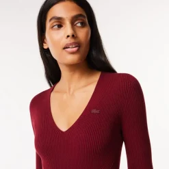 Lacoste V-Neck Slim Fit Sweater in Red