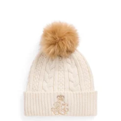 Lauren by Ralph Lauren Kable Knit Beanie with Embossed Logo in White