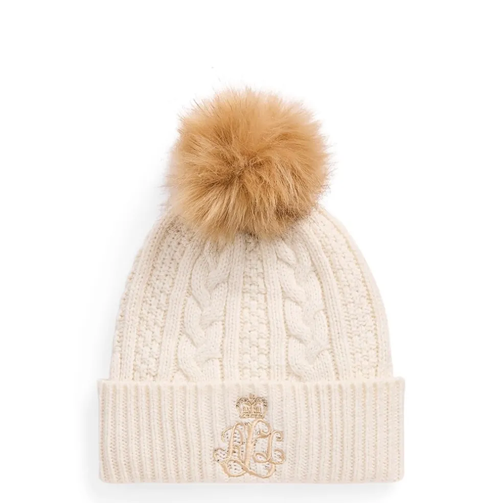 Lauren by Ralph Lauren Kable Knit Beanie with Embossed Logo in White