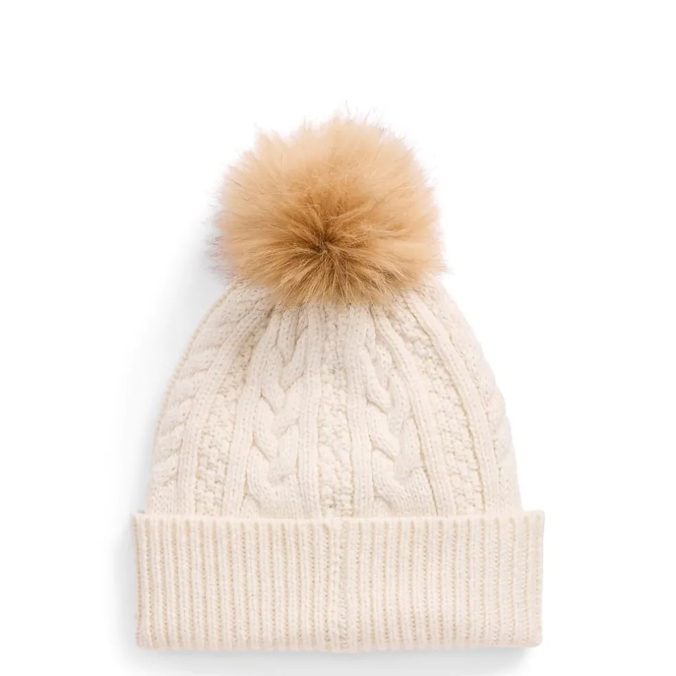 Lauren by Ralph Lauren Kable Knit Beanie with Embossed Logo in White
