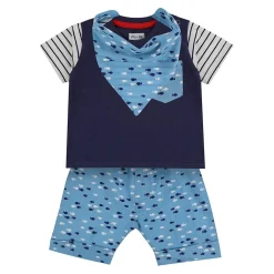 Lilly and Sid And Sid Blue Fish Print Top Short And Bib Set in Multi