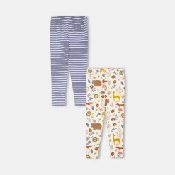 Lilly and Sid And Sid Multicoloured Animal Forest And Stripe Print Leggings 2 Pack in Blue