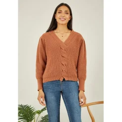 Mela London London City V-Neck Cable Knit Sweater in Brown
