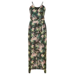 Mela London Satin Floral V-Neck Wrap Maxi Dress in Black