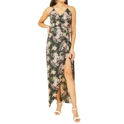 Mela London Satin Floral V-Neck Wrap Maxi Dress in Black