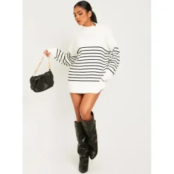 Missy Empire Black And White High Neck Oversized Long Sleeve Jumper in White