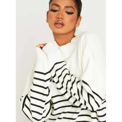 Missy Empire Black And White High Neck Oversized Long Sleeve Jumper in White
