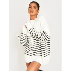 Missy Empire Black And White High Neck Oversized Long Sleeve Jumper in White