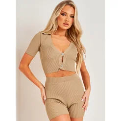 Missy Empire Cropped Cardigan in Beige