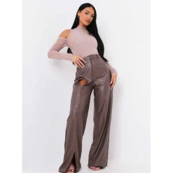 Missy Empire Cut Out High Waisted Pu Trousers in Brown
