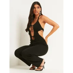 Missy Empire Cut Out Tie Front Jumpsuit in Black