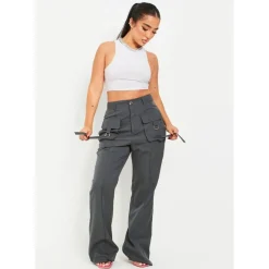 Missy Empire Detail Straight Leg Cargo Trousers in Grey