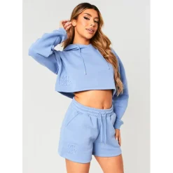 Missy Empire Embossed Cropped Hoodie in Blue